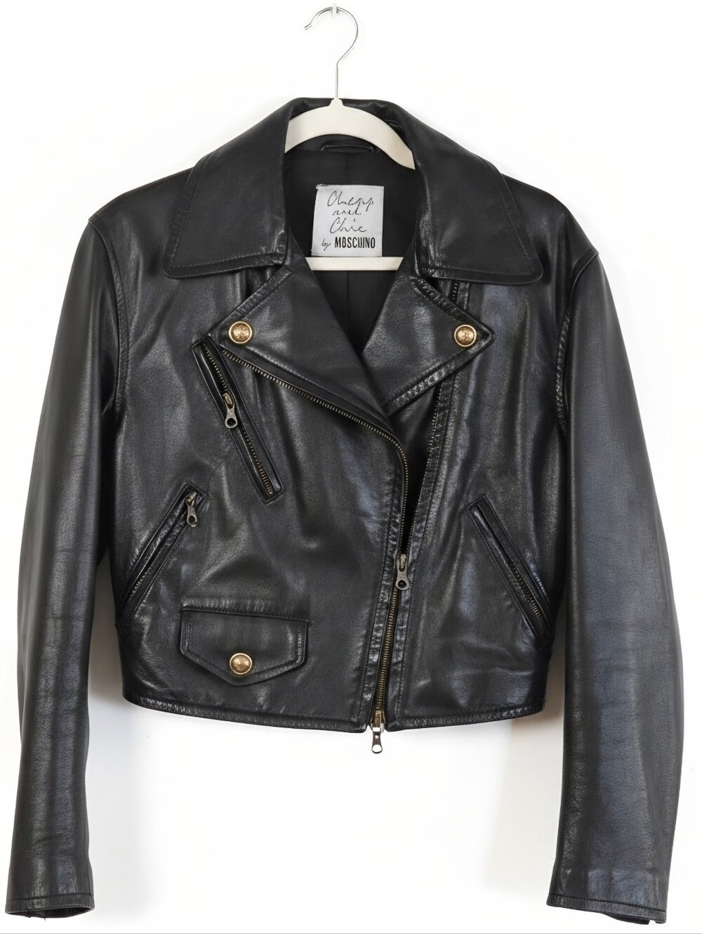 Moschino Black Leather Asymmetric Moto Jacket with Gold Buttons